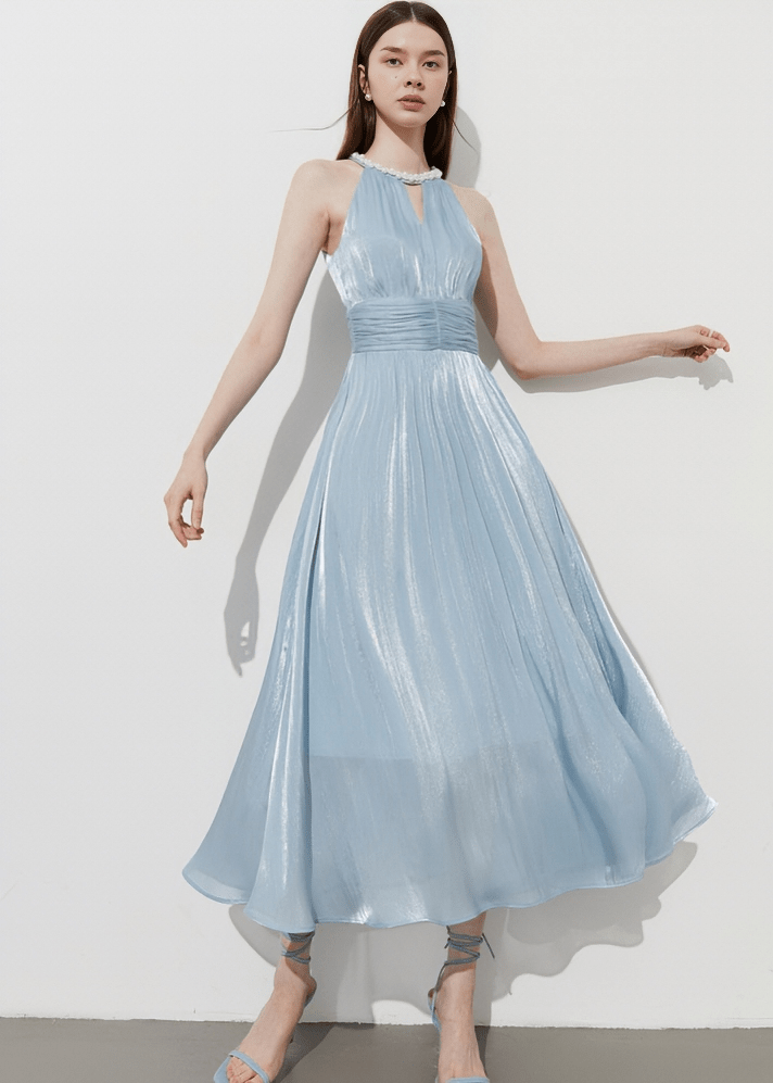 SHIMMER HALTER GATHERED DRESS - Vera Lumina