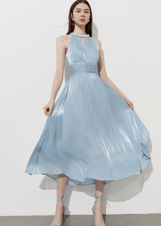 SHIMMER HALTER GATHERED DRESS - Vera Lumina
