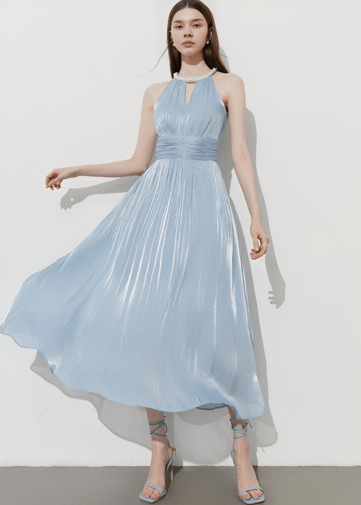 SHIMMER HALTER GATHERED DRESS - Vera Lumina