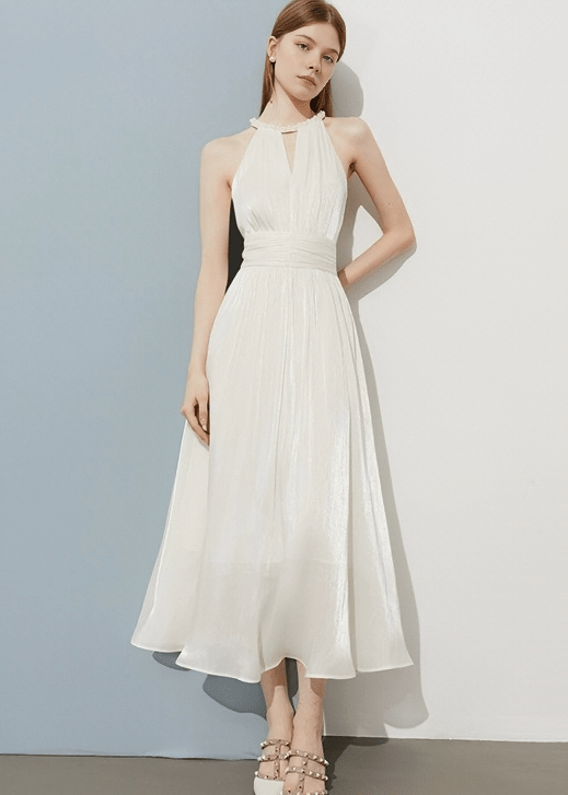 SHIMMER HALTER GATHERED DRESS - Vera Lumina