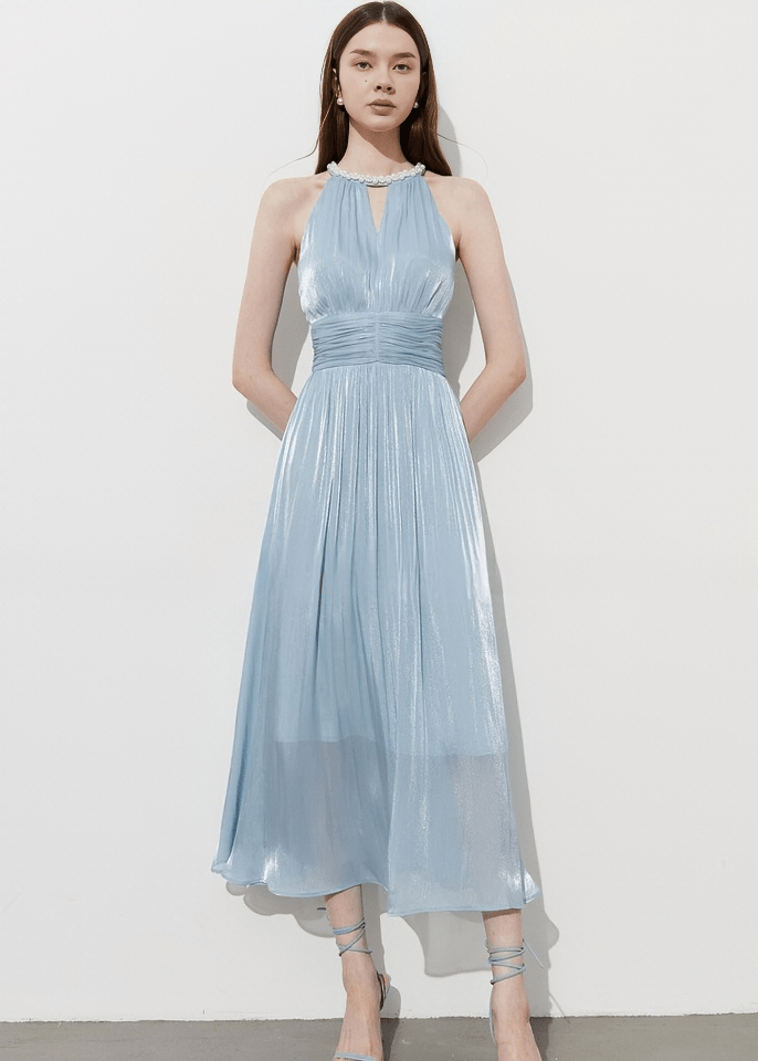 SHIMMER HALTER GATHERED DRESS - Vera Lumina