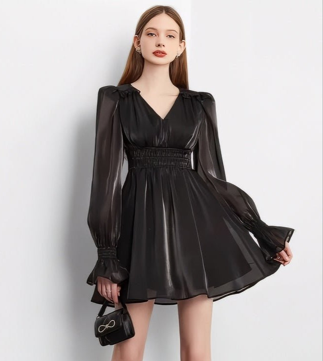 Shiny Chiffon Flare Mini Dress - Vera Lumina