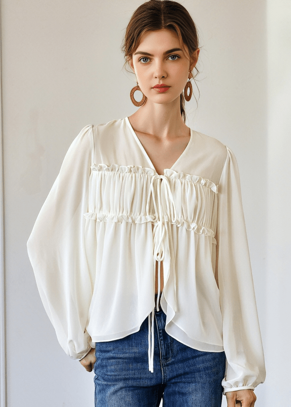 SMOCKED BODICE BALLOON SLEEVE BLOUSE - Vera Lumina