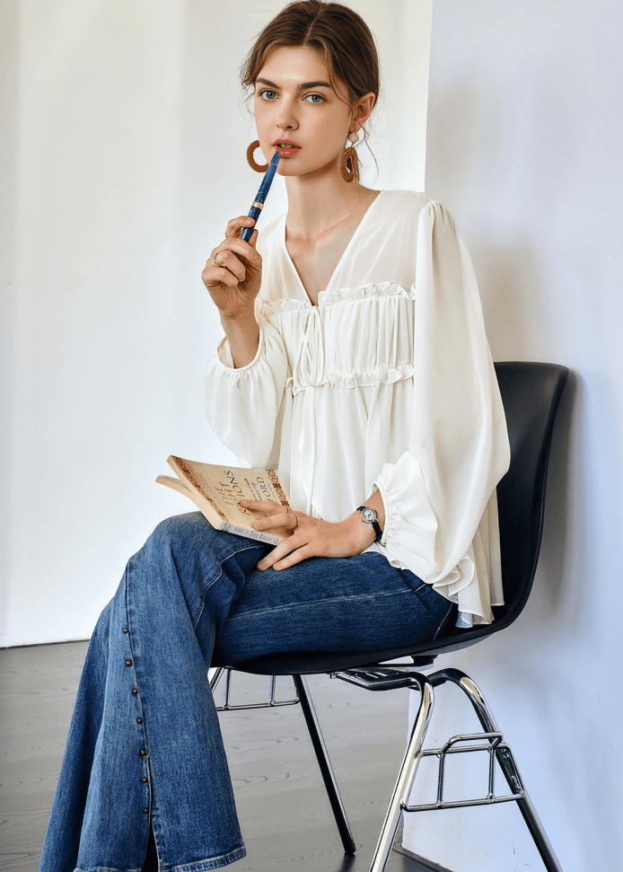 SMOCKED BODICE BALLOON SLEEVE BLOUSE - Vera Lumina
