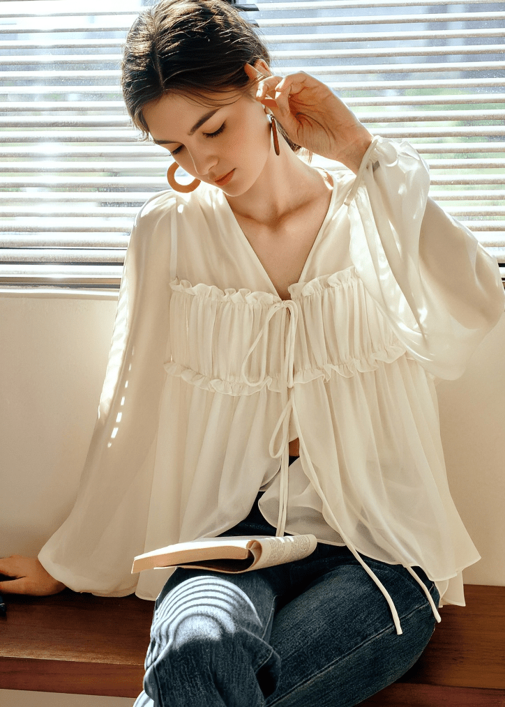 SMOCKED BODICE BALLOON SLEEVE BLOUSE - Vera Lumina