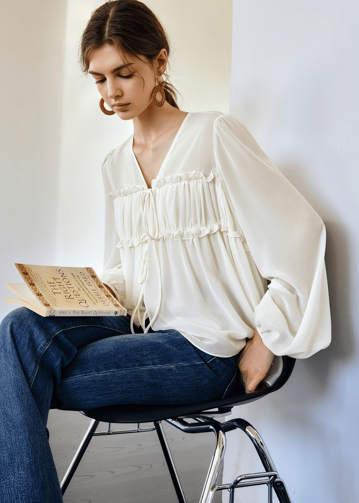 SMOCKED BODICE BALLOON SLEEVE BLOUSE - Vera Lumina