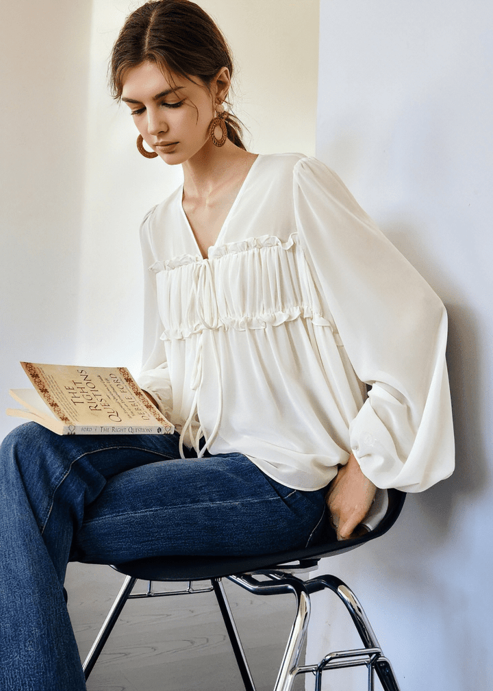 SMOCKED BODICE BALLOON SLEEVE BLOUSE - Vera Lumina