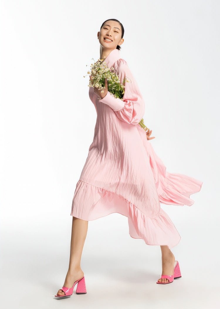 soft pastel pink loose shirt midi dress - Vera Lumina