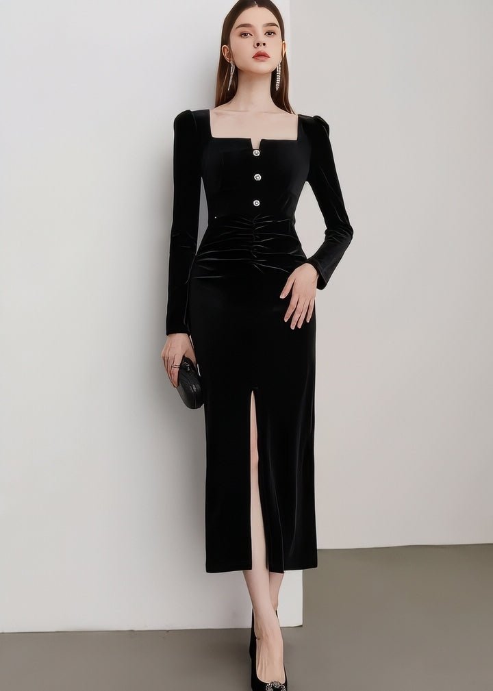 Square Neck Velvet Fitted Dress - Vera Lumina