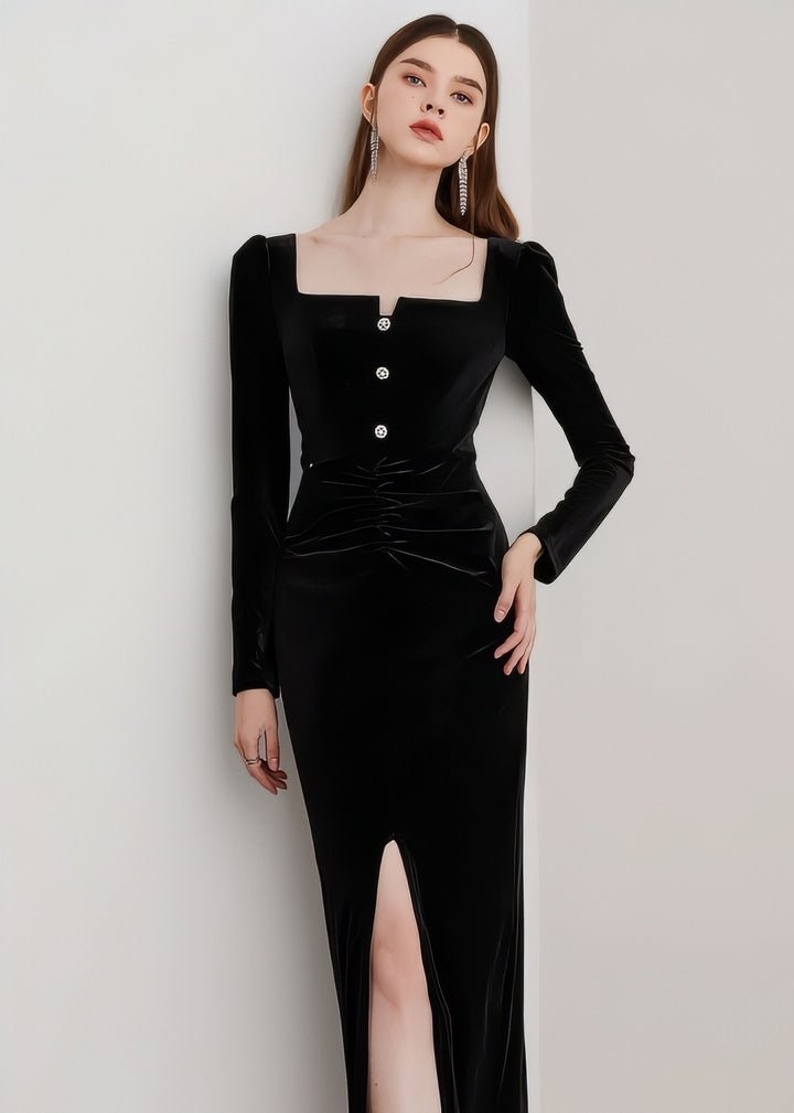 Square Neck Velvet Fitted Dress - Vera Lumina