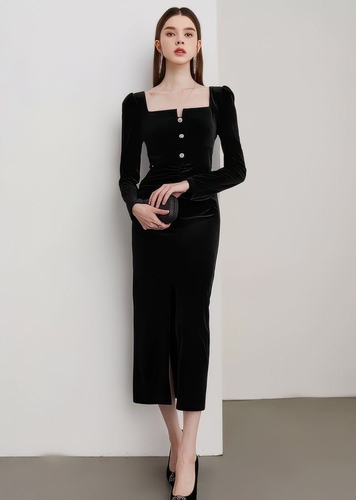 Square Neck Velvet Fitted Dress - Vera Lumina