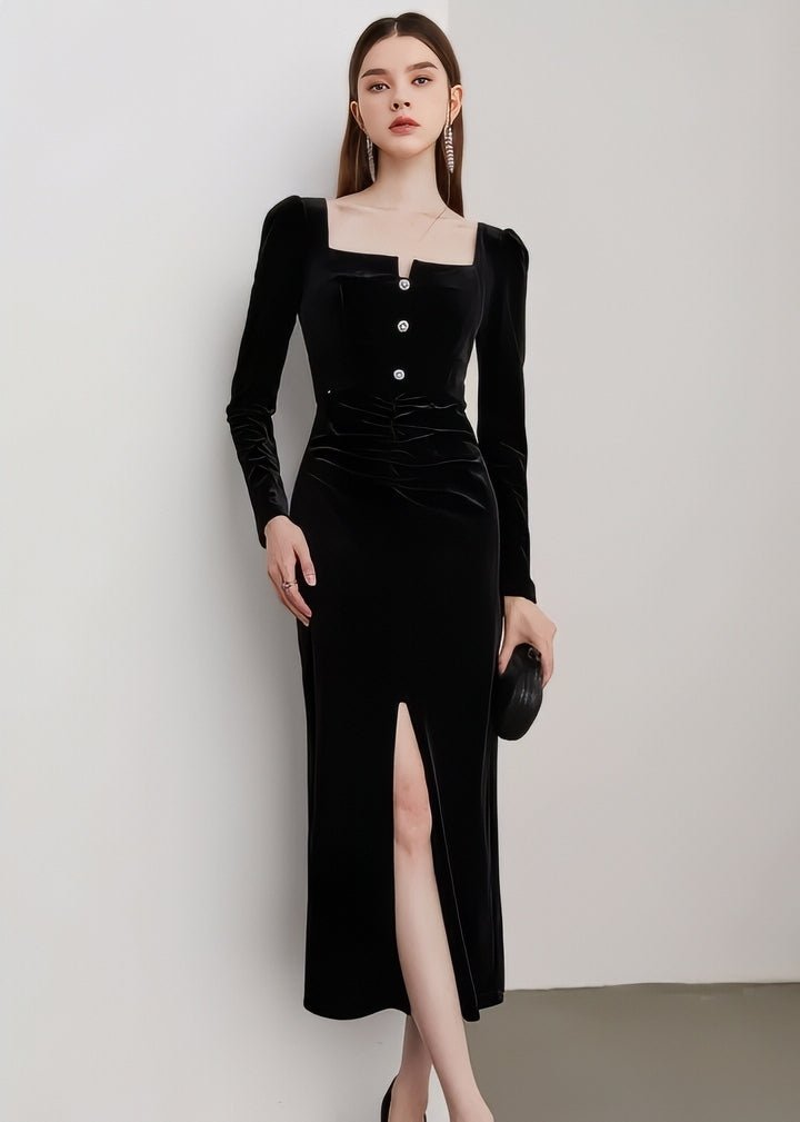 Square Neck Velvet Fitted Dress - Vera Lumina