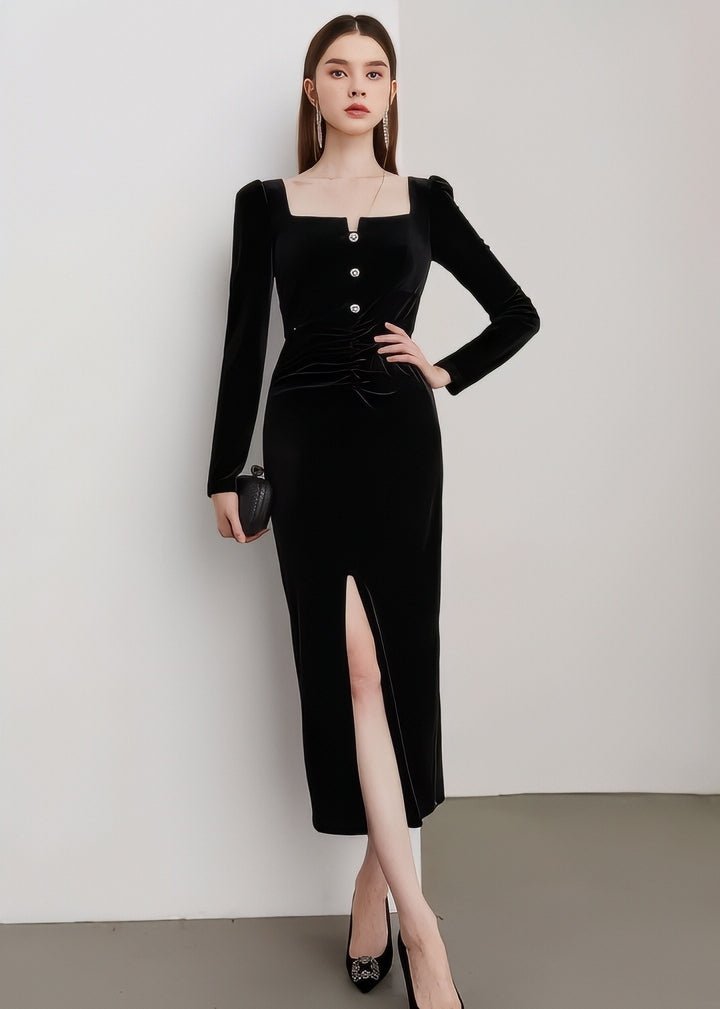 Square Neck Velvet Fitted Dress - Vera Lumina