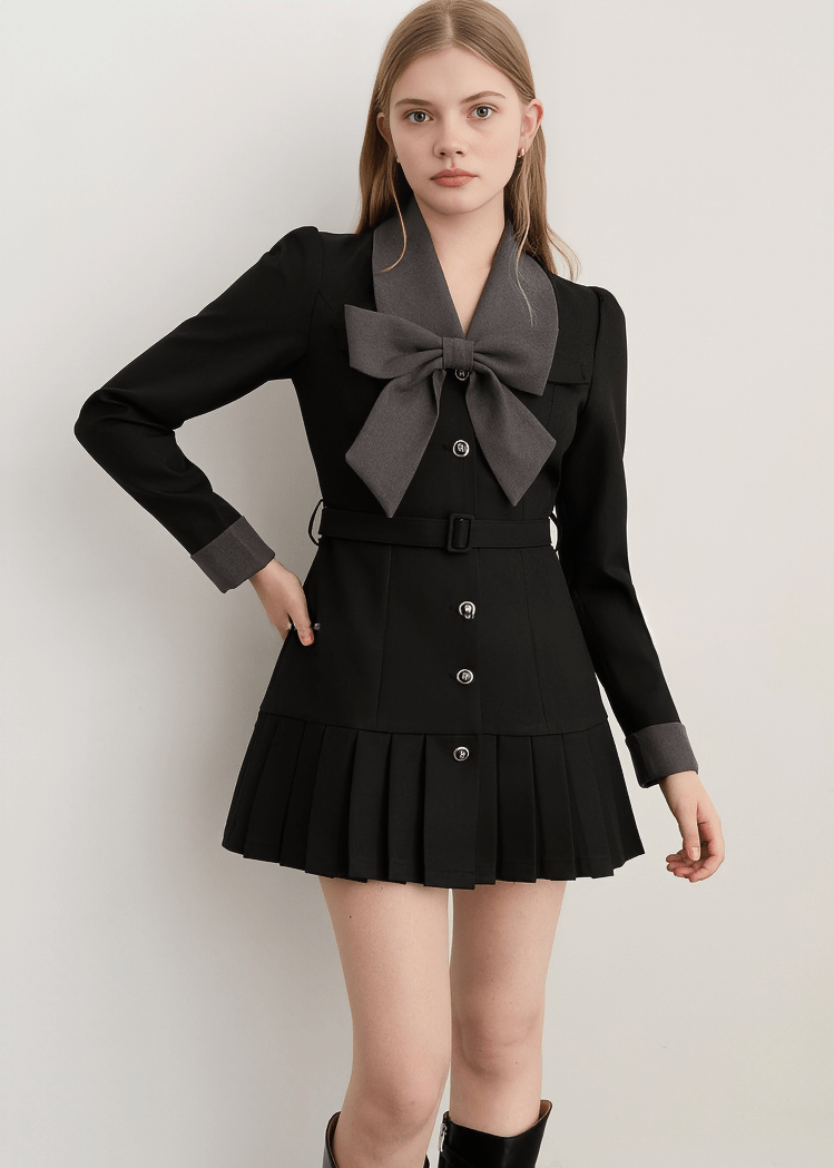 STATEMENT BOW COLLAR PLEATED DRESS - Vera Lumina