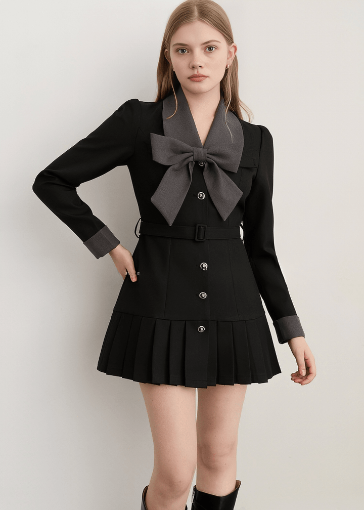 STATEMENT BOW COLLAR PLEATED DRESS - Vera Lumina