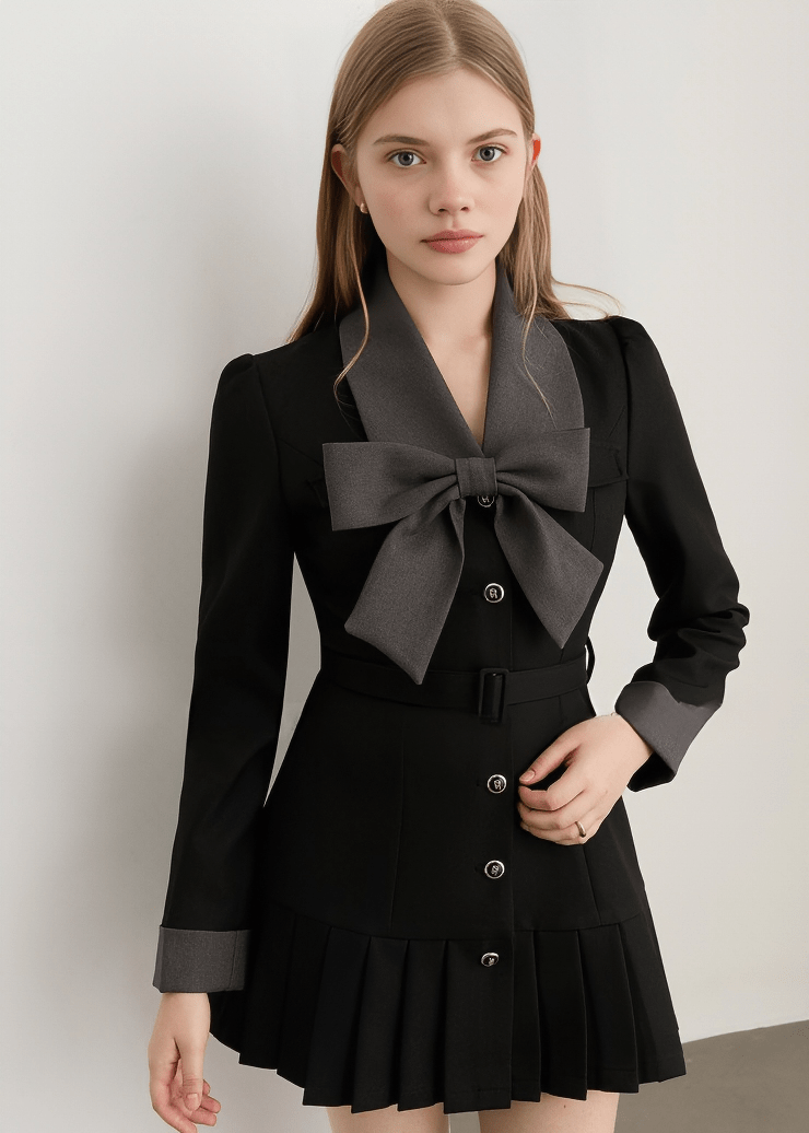 STATEMENT BOW COLLAR PLEATED DRESS - Vera Lumina