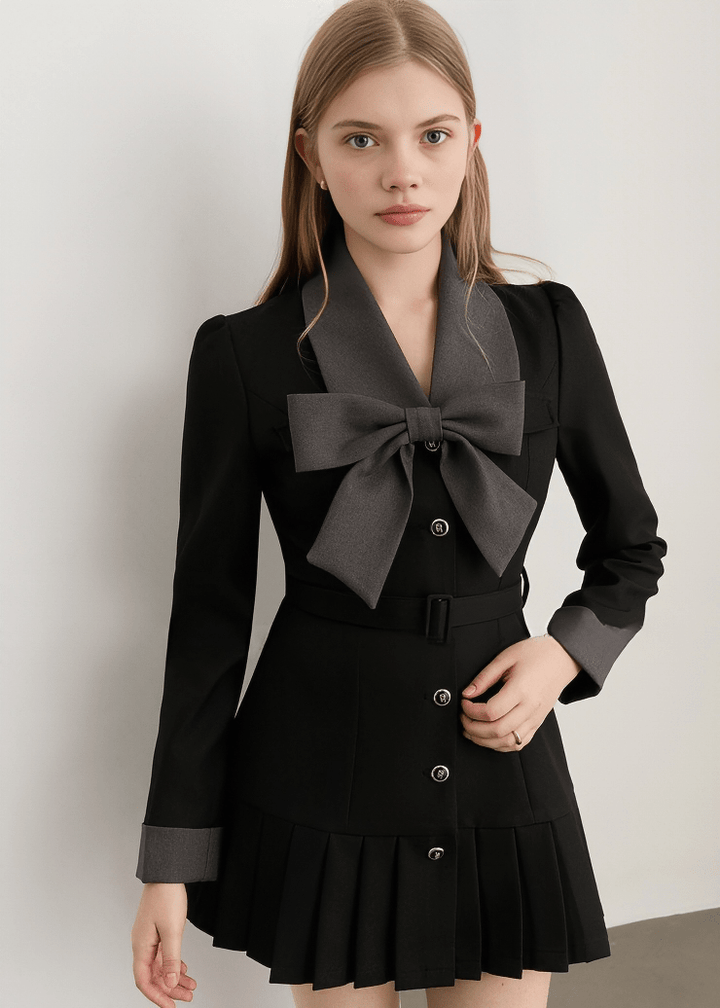 STATEMENT BOW COLLAR PLEATED DRESS - Vera Lumina