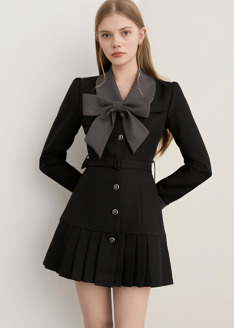 STATEMENT BOW COLLAR PLEATED DRESS - Vera Lumina