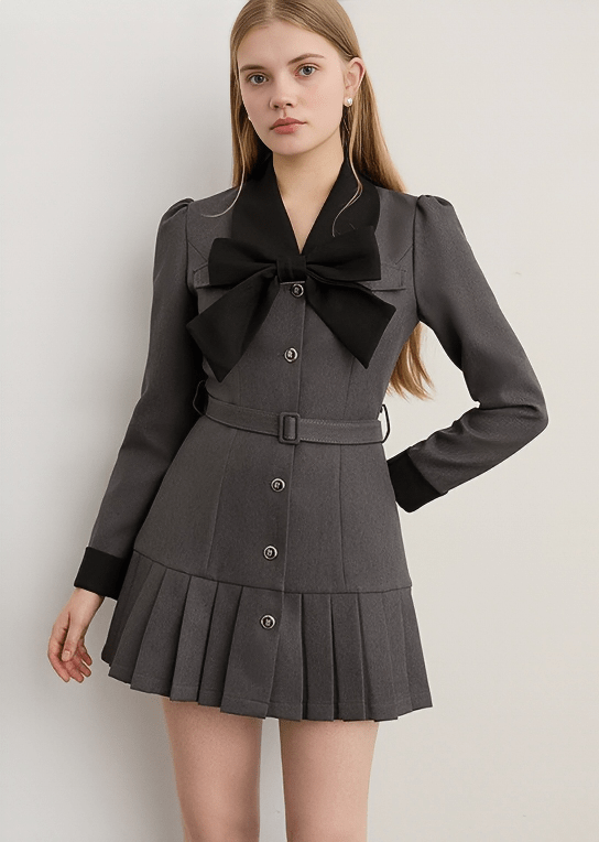 STATEMENT BOW COLLAR PLEATED DRESS - Vera Lumina