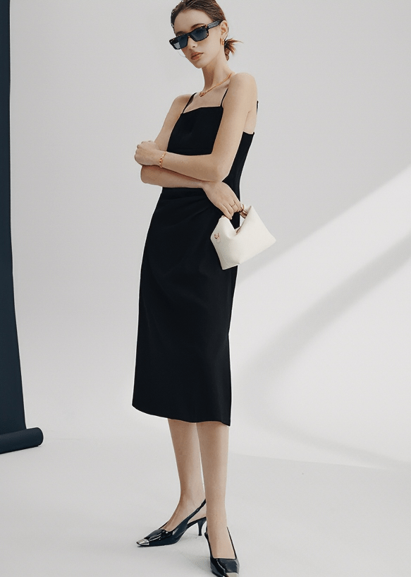 STRAIGHT NECKLINE SPAGHETTI STRAP MIDI DRESS - Vera Lumina