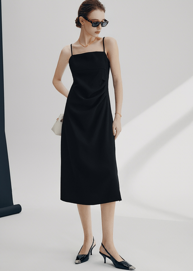 STRAIGHT NECKLINE SPAGHETTI STRAP MIDI DRESS - Vera Lumina