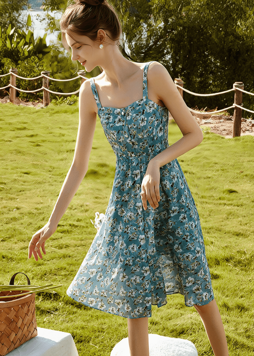 SWEETHEART NECKLINE BOTANICAL MIDI DRESS - Vera Lumina
