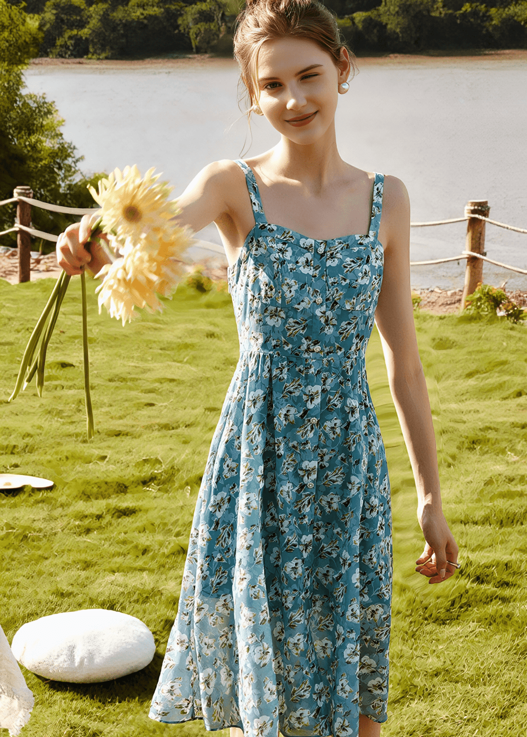 SWEETHEART NECKLINE BOTANICAL MIDI DRESS - Vera Lumina