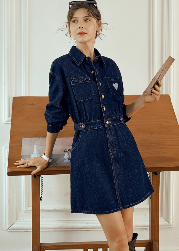 SWEETHEART PATCH BELTED SHIRT DRESS - Vera Lumina