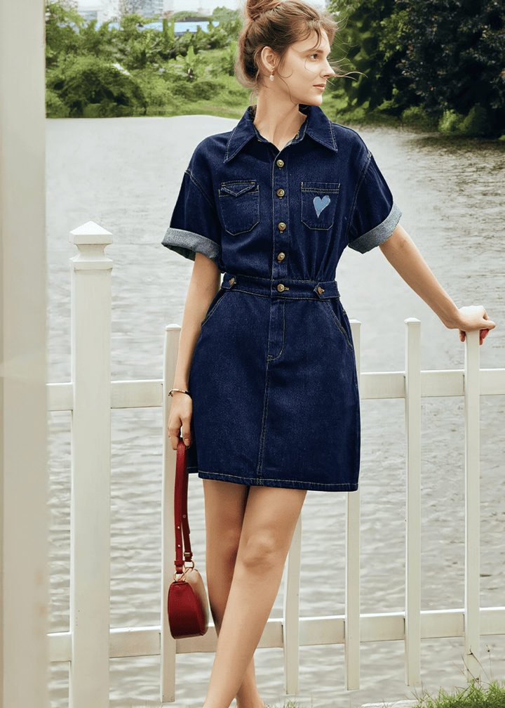 SWEETHEART PATCH BELTED SHIRT DRESS - Vera Lumina