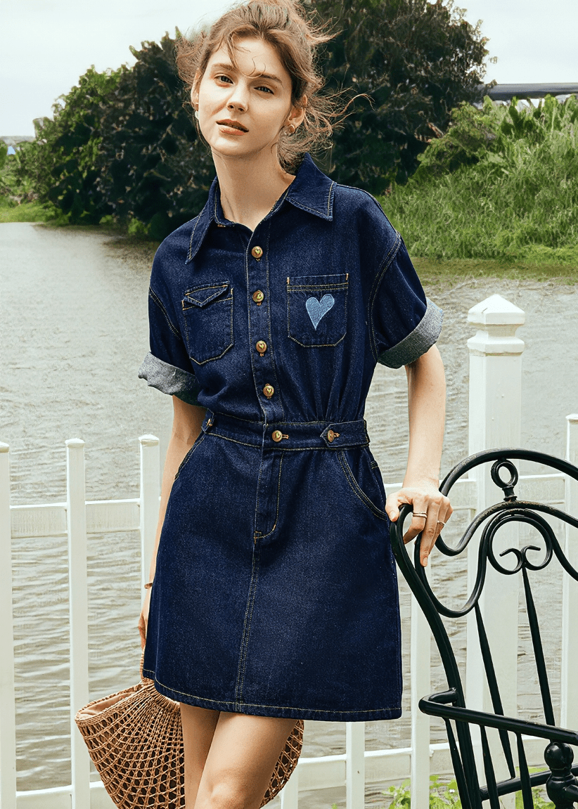 SWEETHEART PATCH BELTED SHIRT DRESS - Vera Lumina