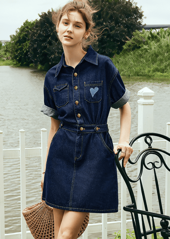 SWEETHEART PATCH BELTED SHIRT DRESS - Vera Lumina