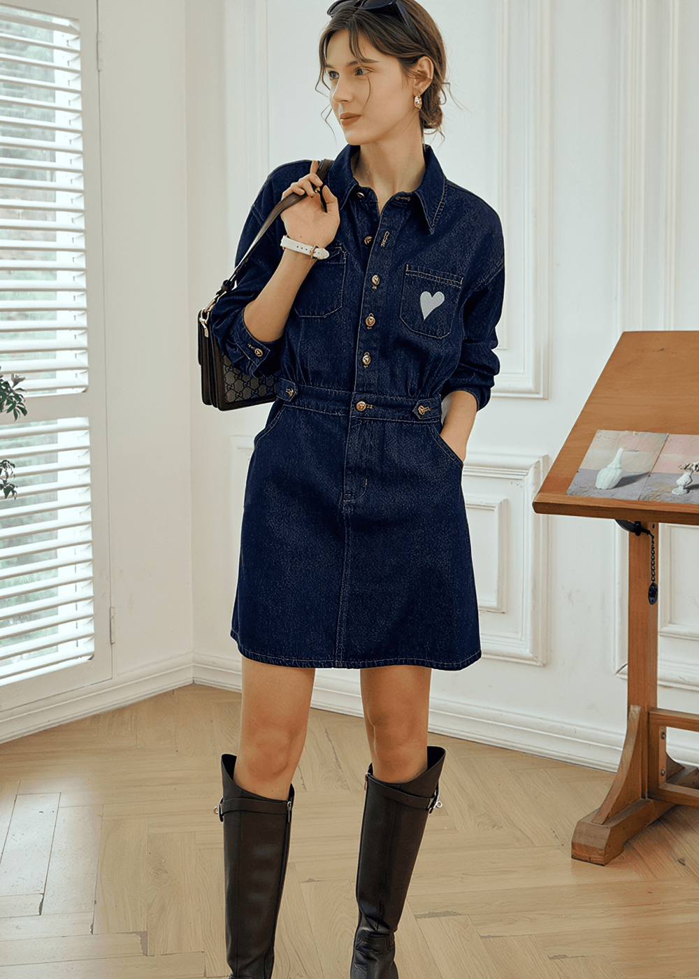 SWEETHEART PATCH BELTED SHIRT DRESS - Vera Lumina