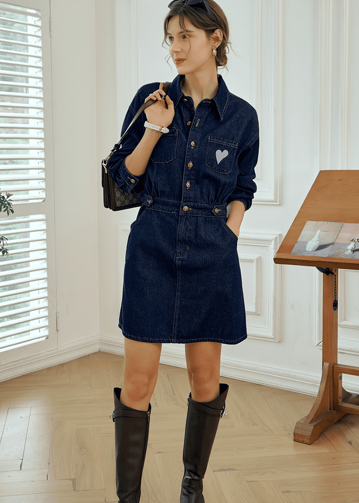 SWEETHEART PATCH BELTED SHIRT DRESS - Vera Lumina