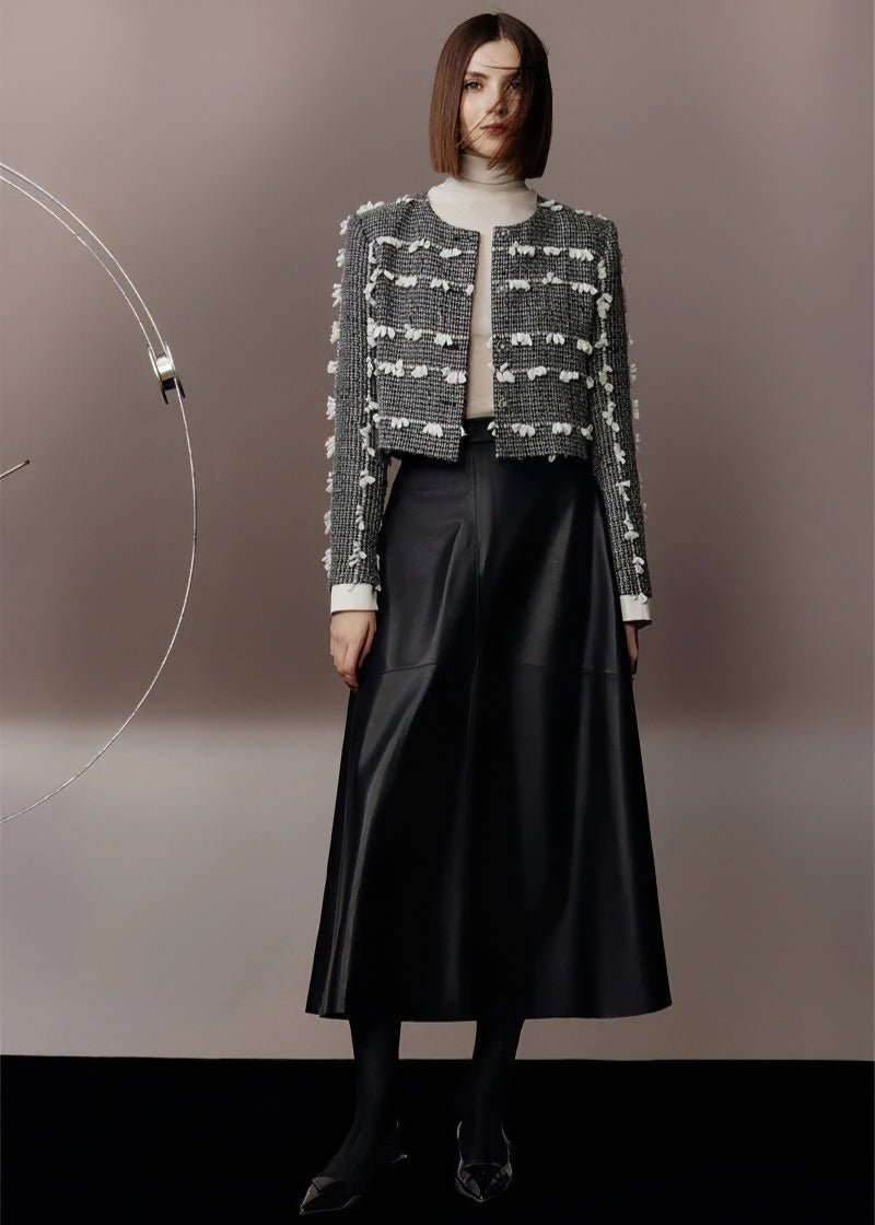 tweed three - dimensional short jacket & lambskin skirt - Vera Lumina