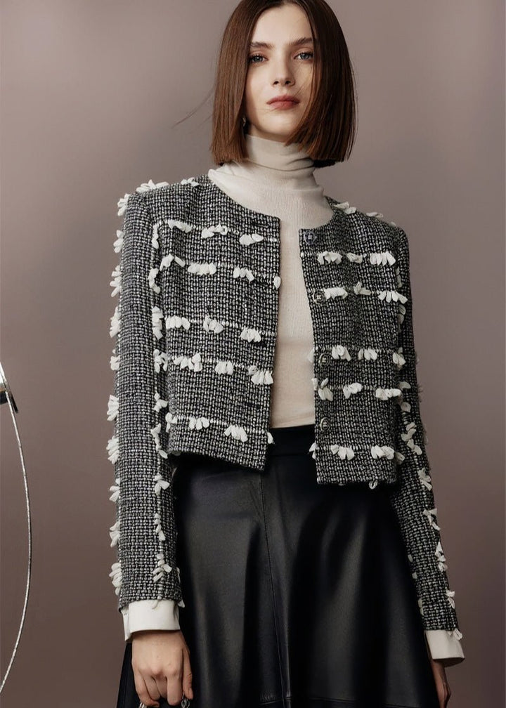 tweed three - dimensional short jacket & lambskin skirt - Vera Lumina