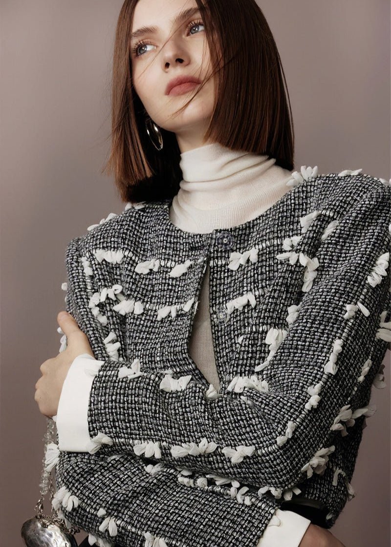 tweed three - dimensional short jacket & lambskin skirt - Vera Lumina