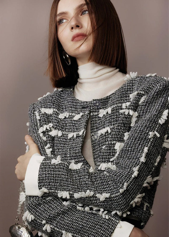 tweed three - dimensional short jacket & lambskin skirt - Vera Lumina