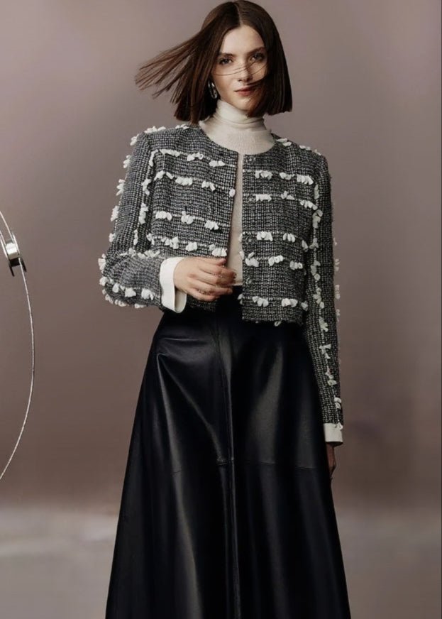 tweed three - dimensional short jacket & lambskin skirt - Vera Lumina