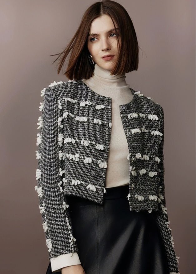 tweed three - dimensional short jacket & lambskin skirt - Vera Lumina
