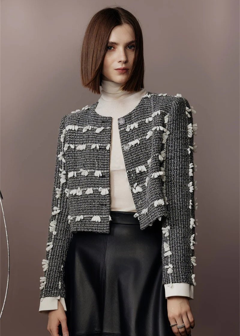 tweed three - dimensional short jacket & lambskin skirt - Vera Lumina
