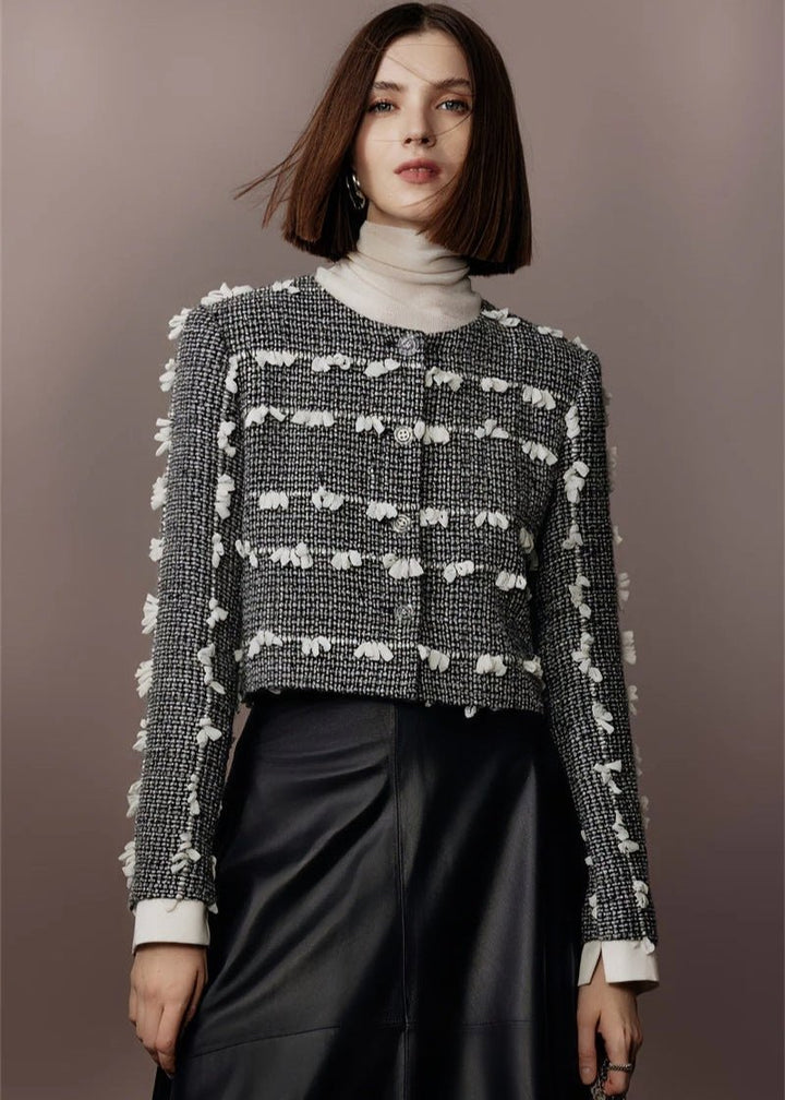 tweed three - dimensional short jacket & lambskin skirt - Vera Lumina