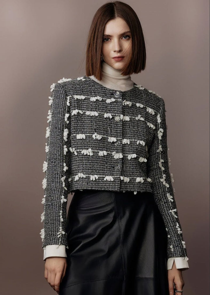 tweed three - dimensional short jacket & lambskin skirt - Vera Lumina