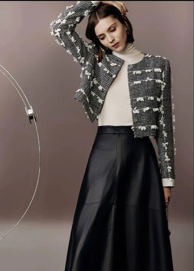 tweed three - dimensional short jacket & lambskin skirt - Vera Lumina