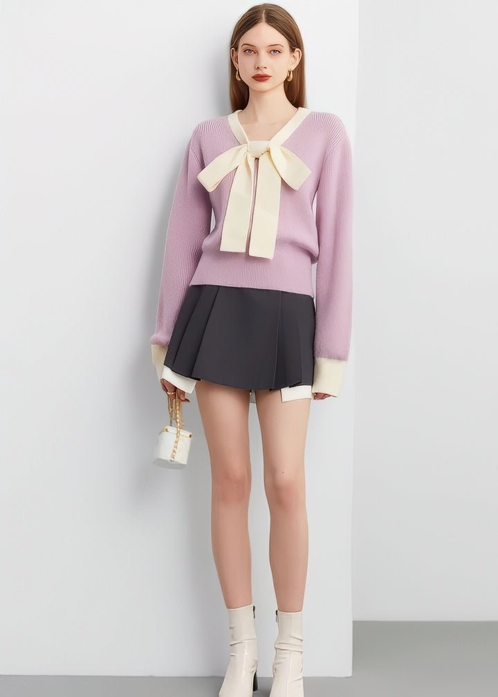 Two - Tone Bow Tie Ribbon Knit Top - Vera Lumina
