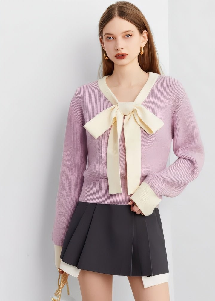 Two - Tone Bow Tie Ribbon Knit Top - Vera Lumina