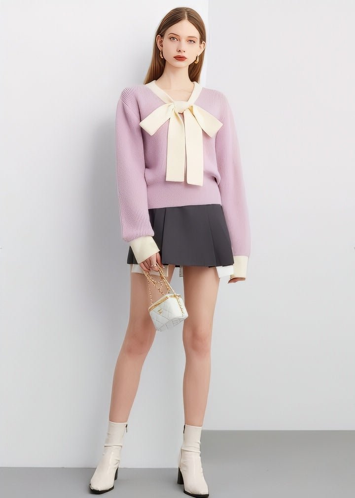 Two - Tone Bow Tie Ribbon Knit Top - Vera Lumina