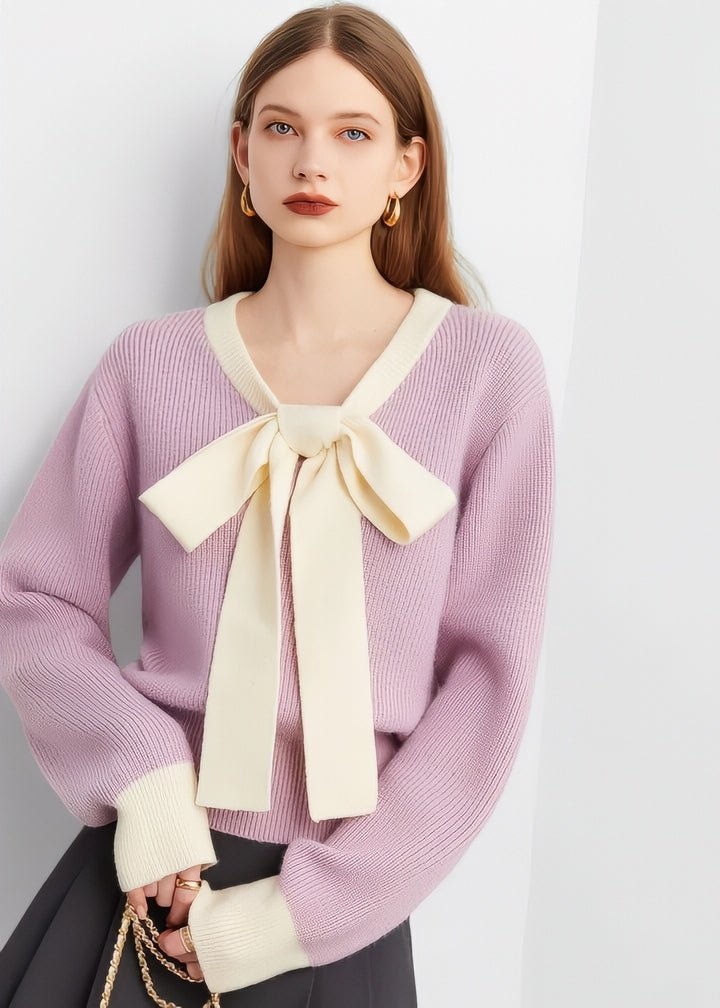 Two - Tone Bow Tie Ribbon Knit Top - Vera Lumina