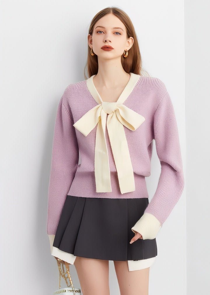 Two - Tone Bow Tie Ribbon Knit Top - Vera Lumina