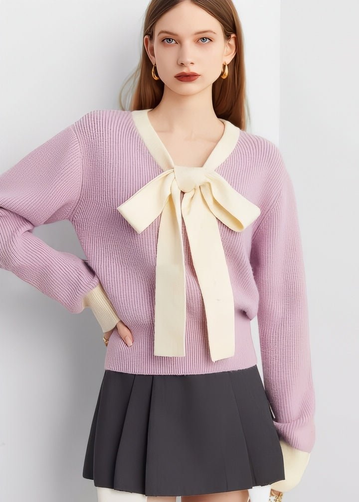 Two - Tone Bow Tie Ribbon Knit Top - Vera Lumina
