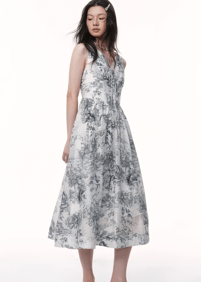 トワルドジュイVネックフレアミディドレス - Vera Lumina